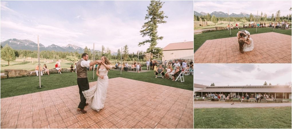 Premier snohomish & seattle wedding photographer | gsquared weddings photography a bride and groom share their first dance on an outdoor dance floor with mountains in the background at a snohomish seattle wedding surrounded by seated guests Smaller images show them dancing and dipping under a wide sky | serving snohomish seattle                   & beyond