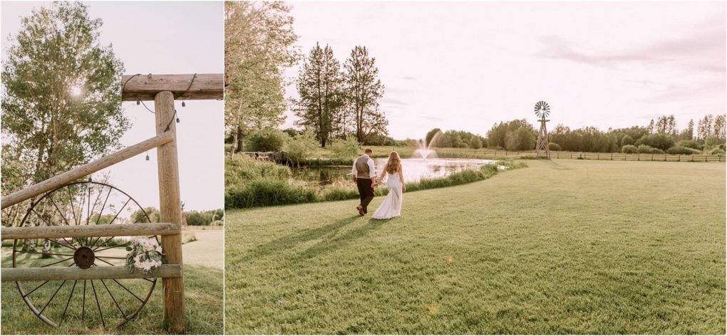 Premier snohomish & seattle wedding photographer | gsquared weddings photography split image on the left a rustic wooden gate with a wagon wheel and flowers On the right a snohomish couple in wedding attire walks hand in hand across a grassy field near a pond fountain and windmill under a soft sunset sky | serving snohomish seattle                   & beyond