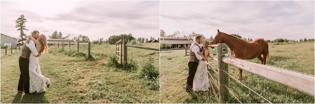 Premier snohomish & seattle wedding photographer | gsquared weddings photography a bride and groom embrace on a sunny day in a grassy field near a fence during their snohomish seattle wedding Later they smile together while petting a brown horse by the fence with a barn visible in the background | serving snohomish seattle                   & beyond