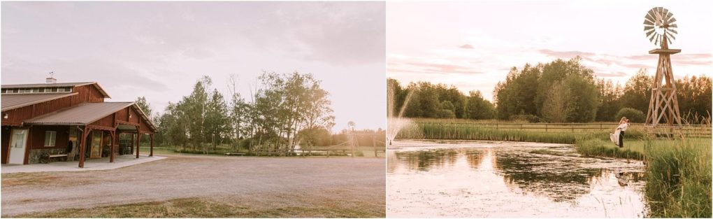 Premier snohomish & seattle wedding photographer | gsquared weddings photography a rustic barn stands beside trees at sunset on the left on the right a child stands by a pond near tall grass with a wooden windmill and fence in the backgroundperfect for a snohomish seattle wedding engagement setting | serving snohomish seattle                   & beyond