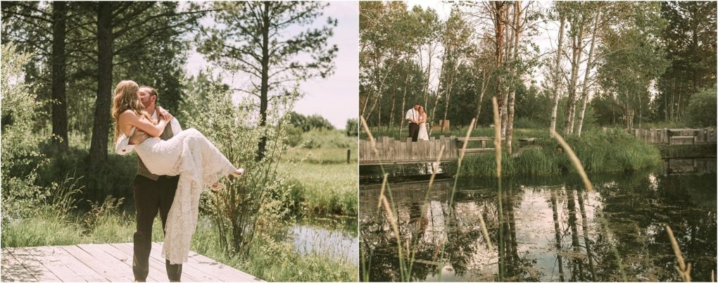 Premier snohomish & seattle wedding photographer | gsquared weddings photography a groom lifts and carries his bride outdoors on a wooden deck by a pond near snohomish surrounded by lush greenery and tall trees under a bright skya perfect seattle wedding engagement moment | serving snohomish seattle                   & beyond