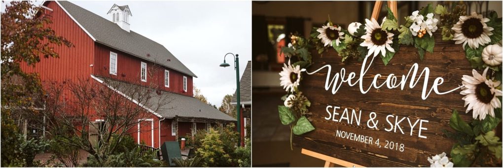 Premier snohomish & seattle wedding photographer | gsquared weddings photography a red barn with a white roof is surrounded by greenery Beside it a wooden sign decorated with white flowers reads welcome sean & skye november 4 2018 perfect for a snohomish seattle wedding or engagement celebration | serving snohomish seattle                   & beyond