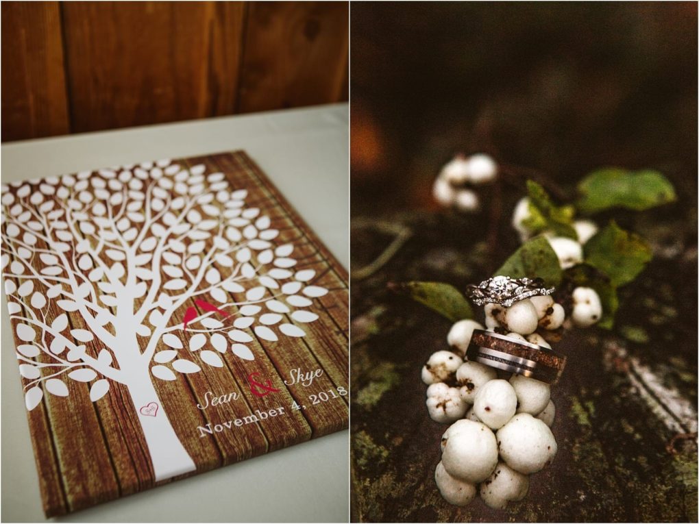 Premier snohomish & seattle wedding photographer | gsquared weddings photography a split image features a guestbook print of a tree with sean & skye november 2018 on woodperfect for a snohomish or seattle weddingand wedding rings resting on white berries with green leaves | serving snohomish seattle                   & beyond