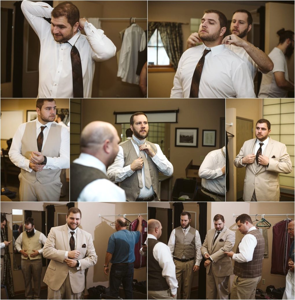 Premier snohomish & seattle wedding photographer | gsquared weddings photography a collage shows several men in a dressing room helping each other put on suits and ties preparing for a snohomish wedding They adjust jackets vests and ties working together and talking before the big event | serving snohomish seattle                   & beyond