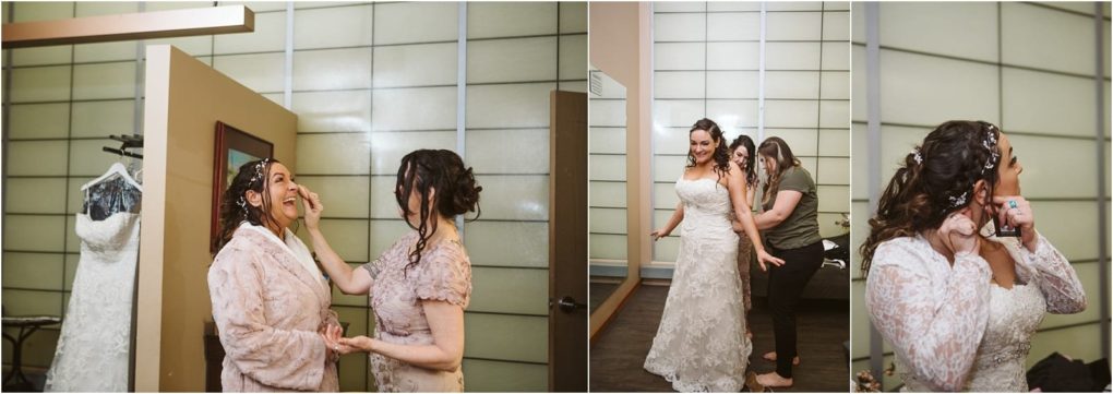 Premier snohomish & seattle wedding photographer | gsquared weddings photography three photos capture joyful intimate moments as women prepare for a snohomish seattle weddingapplying makeup adjusting earrings and helping the bride with her dress A white gown hangs in the background setting the scene for a memorable engagement | serving snohomish seattle                   & beyond