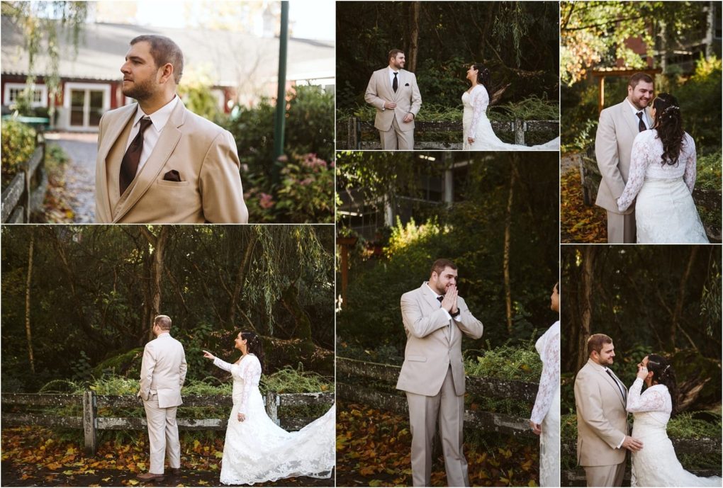 Premier snohomish & seattle wedding photographer | gsquared weddings photography a collage of six photos shows a groom in a tan suit and a bride in a white lace gown during their outdoor snohomish first look They smile hold hands and react emotionally to seeing each other for the first time | serving snohomish seattle                   & beyond