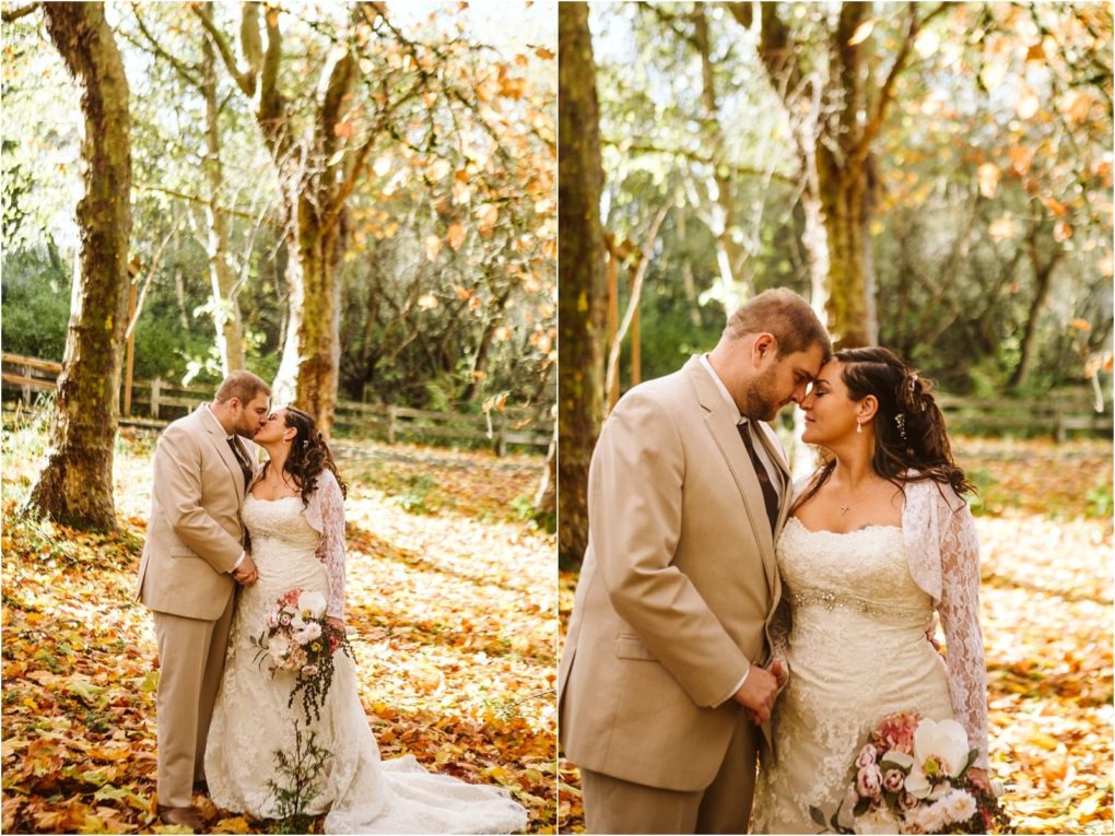 Premier snohomish & seattle wedding photographer | gsquared weddings photography a bride and groom stand close together outdoors on a carpet of autumn leaves in snohomish surrounded by golden trees They share an intimate loving moment touching foreheads and holding hands with a bouquet during their seattle wedding engagement | serving snohomish seattle                   & beyond