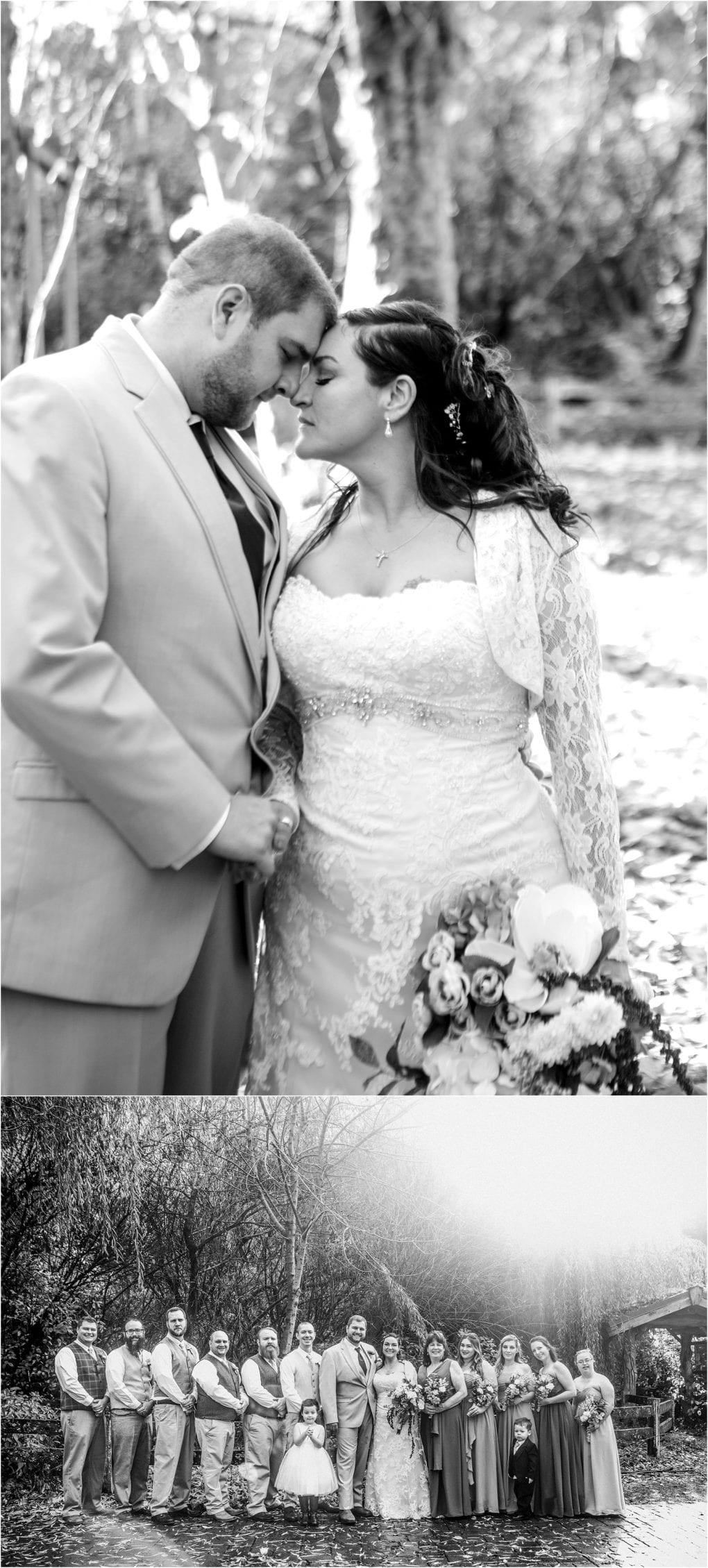 Premier snohomish & seattle wedding photographer | gsquared weddings photography a bride and groom share an intimate moment outdoors below their wedding party dressed in formal attire poses together in a natural wooded setting at this enchanting snohomish seattle wedding | serving snohomish seattle                   & beyond