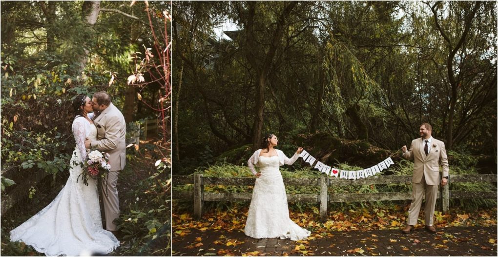 Premier snohomish & seattle wedding photographer | gsquared weddings photography two photos of a snohomish seattle wedding on the left the bride and groom share a kiss among greenery on the right they smile and hold a just married banner on a leaf strewn path framed by lush trees | serving snohomish seattle                   & beyond