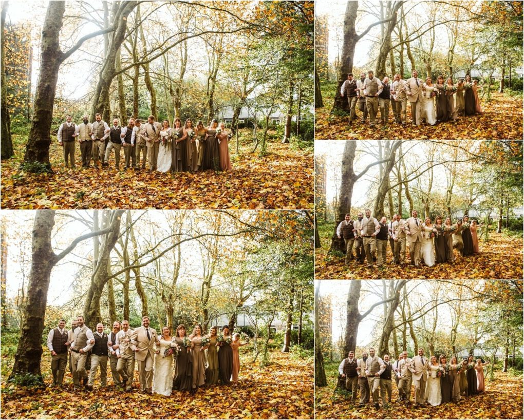 Premier snohomish & seattle wedding photographer | gsquared weddings photography a wedding party poses outdoors in a forest area near snohomish with autumn leaves on the ground The bride groom bridesmaids and groomsmen in earthy attire capture seattle engagement style photos among the tall trees | serving snohomish seattle                   & beyond