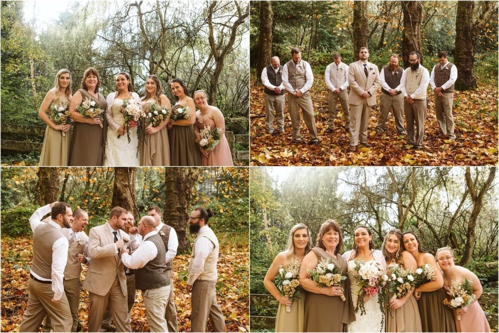 Premier snohomish & seattle wedding photographer | gsquared weddings photography a collage of four snohomish wedding photos shows a bride with her bridesmaids holding bouquets the groom with his groomsmen among autumn leaves the bridal party laughing and the bridesmaids smiling together in a forest setting | serving snohomish seattle                   & beyond