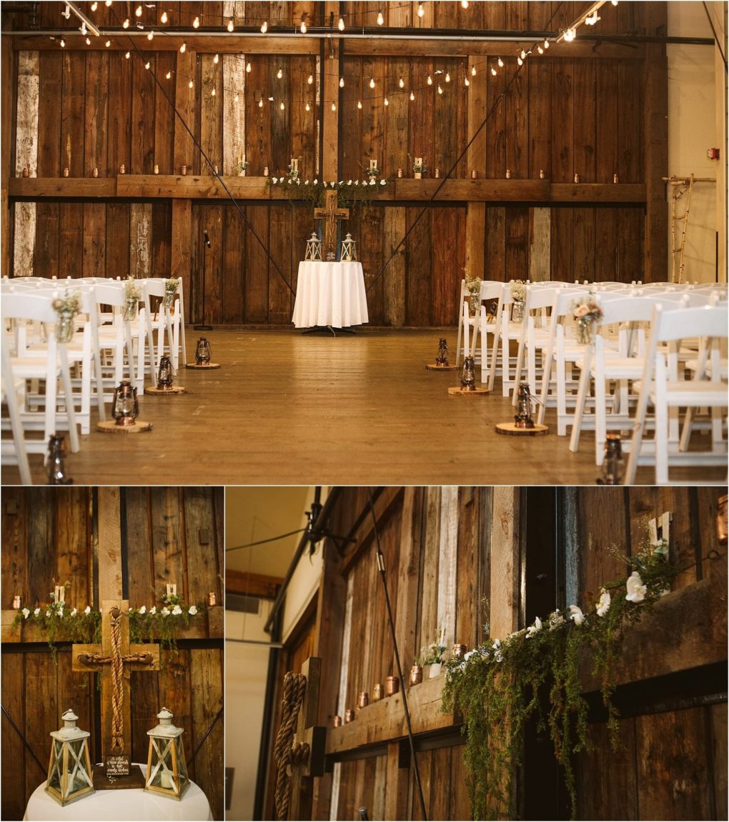 Premier snohomish & seattle wedding photographer | gsquared weddings photography a rustic snohomish wedding venue with wooden walls white chairs in rows string lights overhead candles lanterns lush greenery and a small table at the frontperfect for your seattle wedding or engagement ceremony | serving snohomish seattle                   & beyond