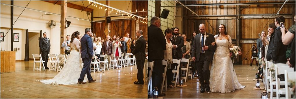 Premier snohomish & seattle wedding photographer | gsquared weddings photography two photos of a bride in a white lace gown walking down the aisle with an older man at a rustic snohomish wedding as guests stand and watch from white chairs on either side | serving snohomish seattle                   & beyond