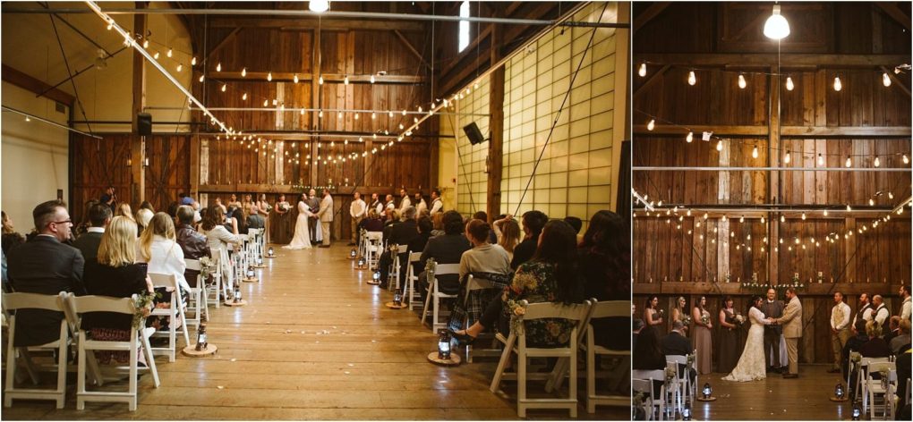 Premier snohomish & seattle wedding photographer | gsquared weddings photography a rustic indoor snohomish wedding ceremony with wooden walls string lights overhead guests seated on white chairs and a couple standing at the altar with their wedding party Perfect for a romantic seattle engagement celebration | serving snohomish seattle                   & beyond