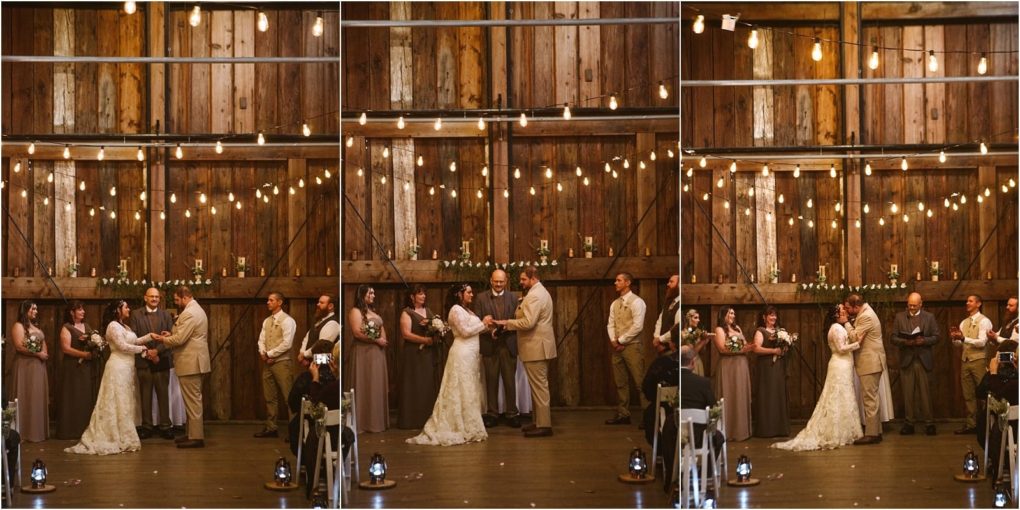 Premier snohomish & seattle wedding photographer | gsquared weddings photography a rustic barn near snohomish sets the scene for a seattle wedding ceremony String lights glow above as the bride and groom stand at the altar holding hands and surrounded by their wedding party officiant and captivated guests | serving snohomish seattle                   & beyond