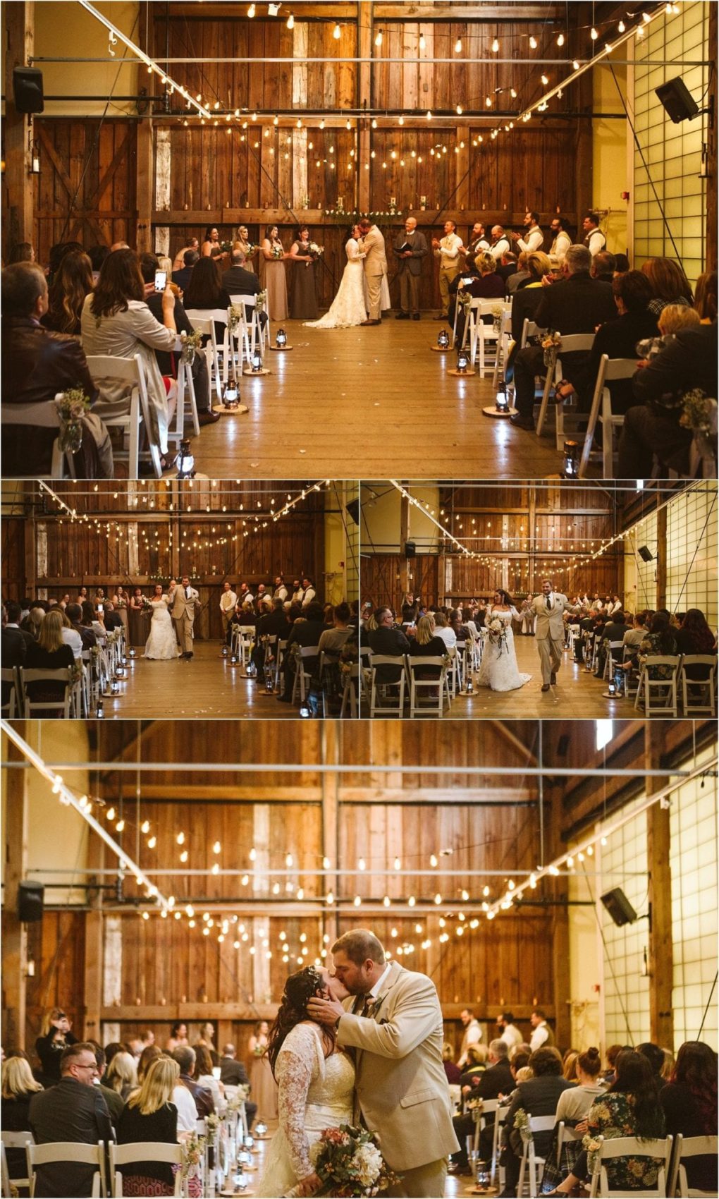 Premier snohomish & seattle wedding photographer | gsquared weddings photography a bride and groom share a kiss at their snohomish wedding ceremony in a rustic wooden barn venue adorned with hanging string lights surrounded by guests seated in white chairs | serving snohomish seattle                   & beyond