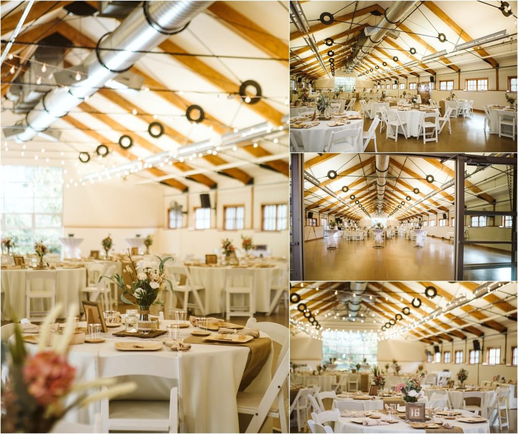 Premier snohomish & seattle wedding photographer | gsquared weddings photography a bright spacious snohomish wedding reception hall with wooden beams string lights white tables and chairs floral centerpieces and rustic decor Multiple angles show the elegant airy setup for a seattle celebration or engagement | serving snohomish seattle                   & beyond