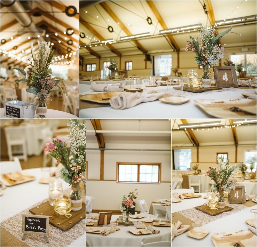 Premier snohomish & seattle wedding photographer | gsquared weddings photography a rustic snohomish wedding reception hall decorated with string lights white tables lace runners wooden accents and mason jar centerpieces filled with wildflowers and greenery Small chalkboard signs and candles adorn the tables | serving snohomish seattle                   & beyond