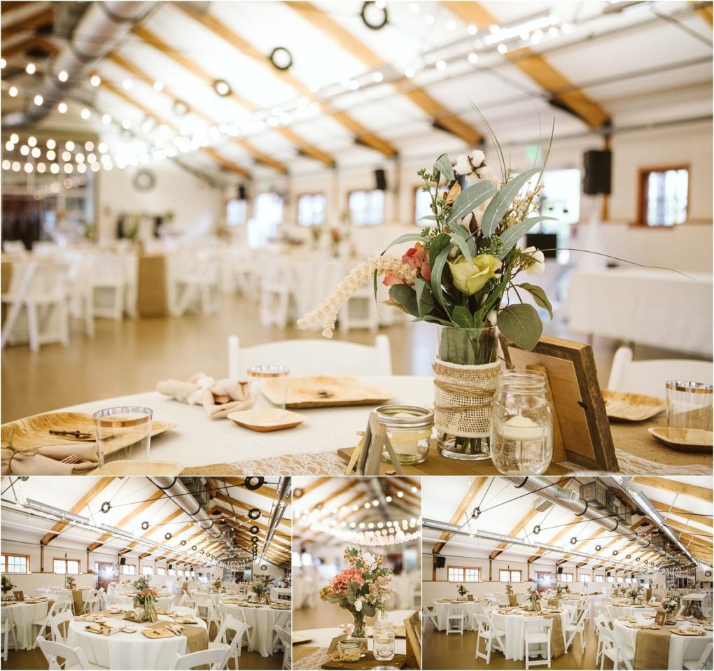 Premier snohomish & seattle wedding photographer | gsquared weddings photography a rustic snohomish wedding reception hall with round tables wooden accents string lights floral centerpieces in jars and neatly arranged place settings for guests The overall decor is elegant and inviting for your seattle wedding engagement | serving snohomish seattle                   & beyond