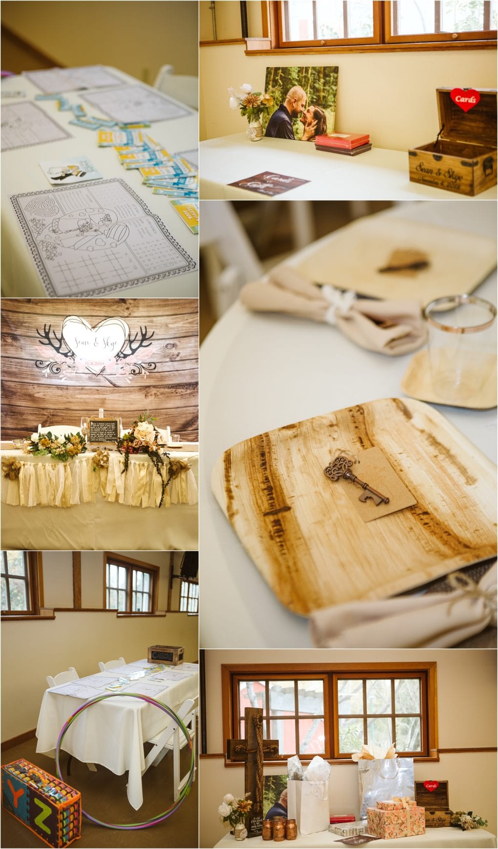 Premier snohomish & seattle wedding photographer | gsquared weddings photography a collage of snohomish wedding reception details coloring pages with crayons a photo display wooden plates with a key a decorated sweetheart table gifts hula hoops and rustic decor in a well lit room | serving snohomish seattle                   & beyond