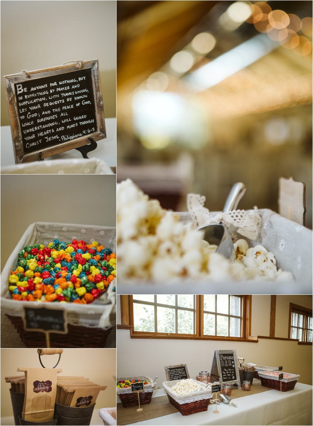 Premier snohomish & seattle wedding photographer | gsquared weddings photography a snohomish wedding snack table features containers of popcorn colorful candies and bags with a chalkboard sign displaying a quote Warm lighting and wooden details create a cozy inviting atmosphere for your seattle engagement celebration | serving snohomish seattle                   & beyond