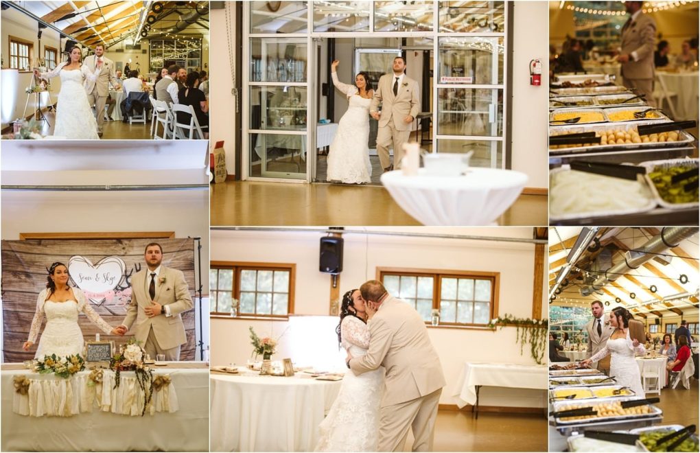 Premier snohomish & seattle wedding photographer | gsquared weddings photography a collage of six snohomish wedding photos shows a bride and groom entering their seattle reception sharing a kiss giving a speech standing by their table greeting guests and a buffet table with food trays | serving snohomish seattle                   & beyond
