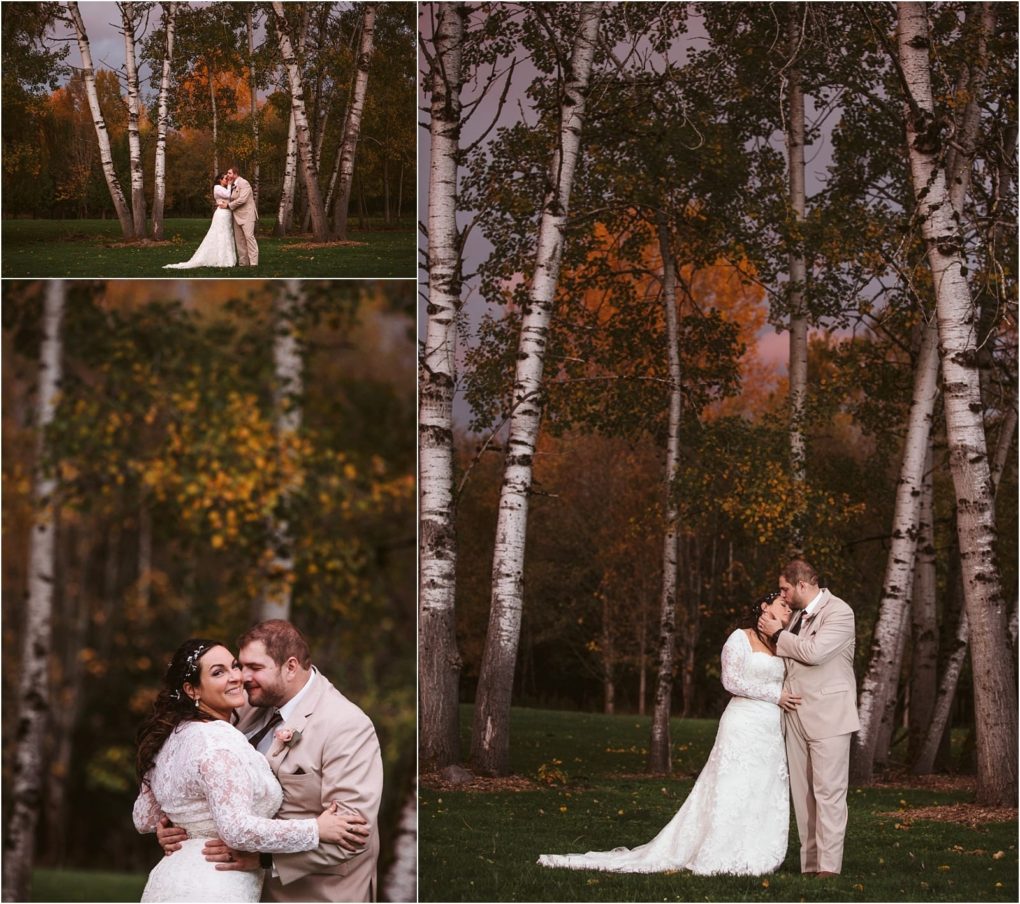 Premier snohomish & seattle wedding photographer | gsquared weddings photography a bride and groom embrace and kiss among tall birch trees with autumn foliage smiling in wedding attirecapturing a magical snohomish seattle wedding moment as they gaze lovingly at each other | serving snohomish seattle                   & beyond