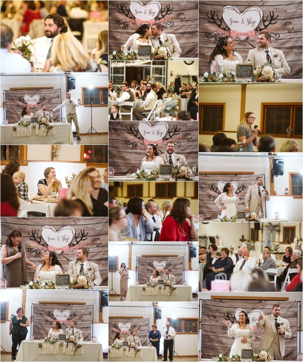 Premier snohomish & seattle wedding photographer | gsquared weddings photography a collage of snohomish wedding reception photos shows a couple at their sweetheart table guests giving speeches and joyful moments under a rustic sign with antlers and sara & sky inside a heart at this seattle wedding celebration | serving snohomish seattle                   & beyond