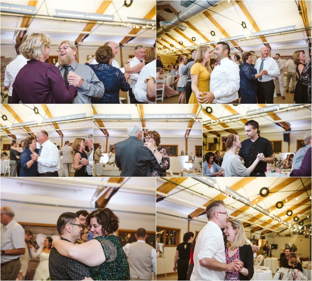 Premier snohomish & seattle wedding photographer | gsquared weddings photography a collage of candid photos shows people of various ages dancing laughing and enjoying themselves at a joyful snohomish wedding or seattle engagement event with wooden beams and string lights overhead creating a festive atmosphere | serving snohomish seattle                   & beyond