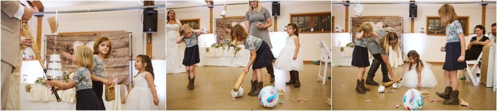 Premier snohomish & seattle wedding photographer | gsquared weddings photography at a snohomish wedding reception near seattle three young girls break open a piñata picking up scattered candy from the floor as adults watch and smile in the background | serving snohomish seattle                   & beyond