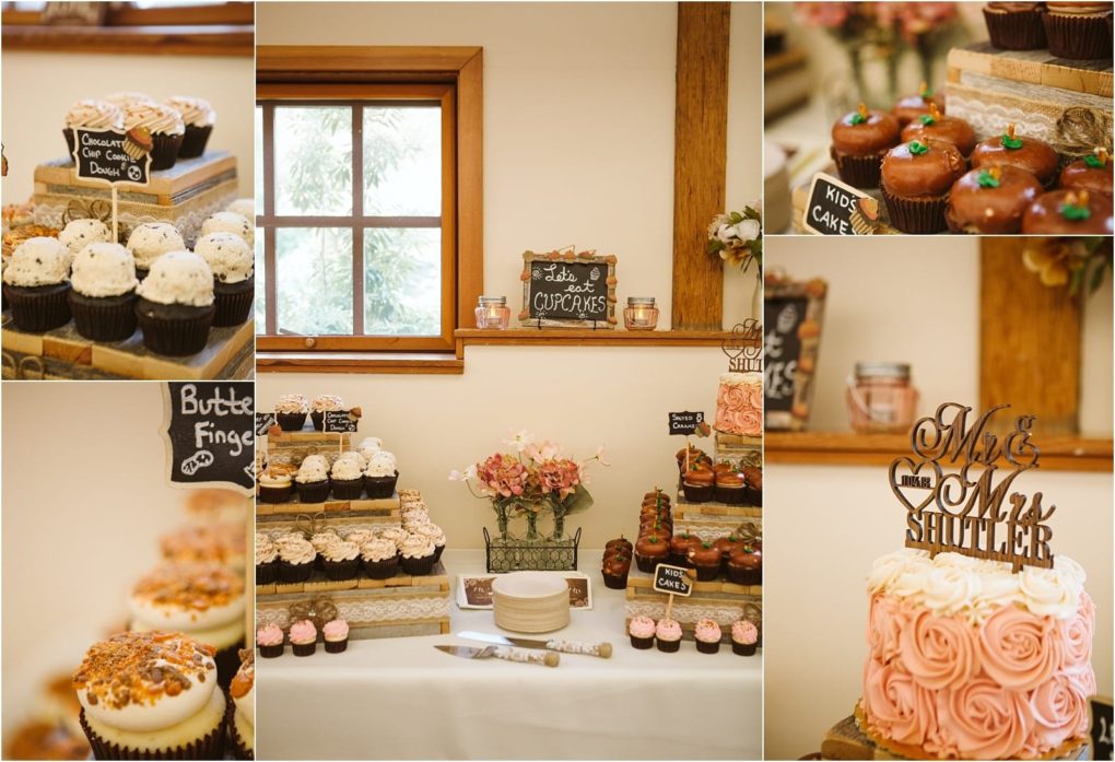 Premier snohomish & seattle wedding photographer | gsquared weddings photography collage of a rustic dessert table at a snohomish seattle wedding featuring assorted cupcakes a pink rosette cake with a mr & mrs topper chalkboard labels and vintage decor near a wooden framed window | serving snohomish seattle                   & beyond