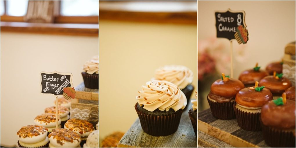 Premier snohomish & seattle wedding photographer | gsquared weddings photography three panels showcase cupcakes at a snohomish seattle wedding left features butter finger cupcakes with a chalkboard label center shows a close up chocolate cupcake with swirled frosting right displays salted caramel cupcakes and label | serving snohomish seattle                   & beyond