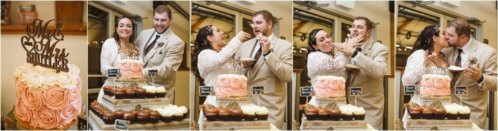 Premier snohomish & seattle wedding photographer | gsquared weddings photography a wedding cake with mr & mrs butler topper is in front of a smiling bride and groom the couple celebrating their snohomish seattle wedding feeds each other cake and shares a kiss next to a display of cupcakes | serving snohomish seattle                   & beyond
