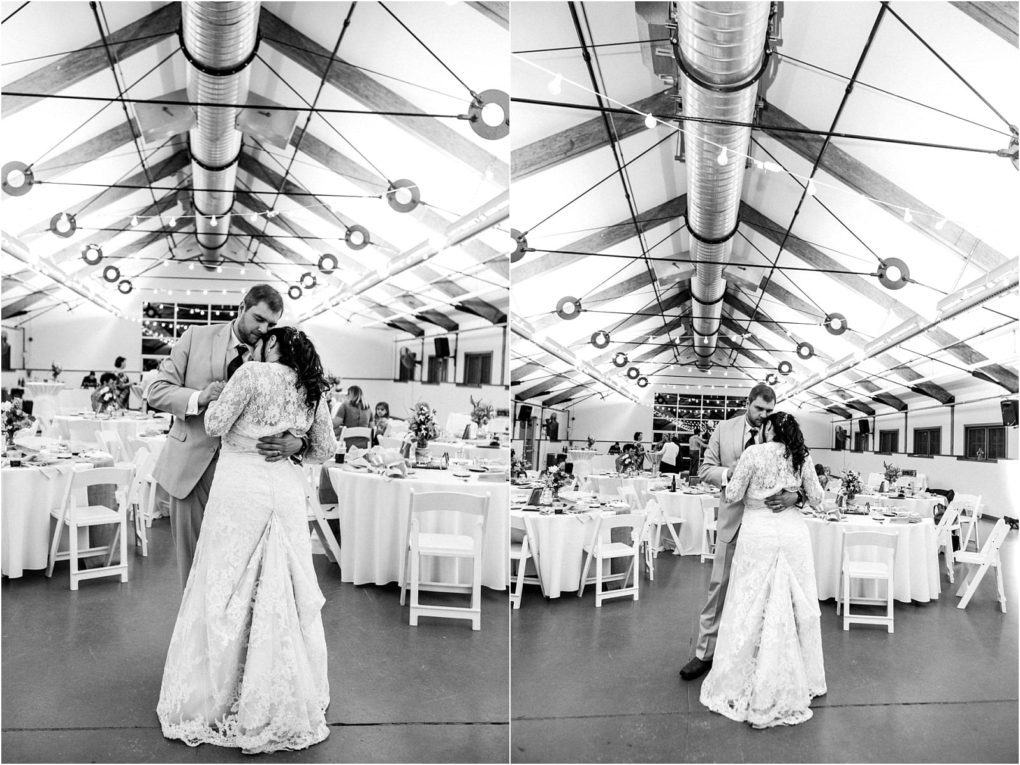 Premier snohomish & seattle wedding photographer | gsquared weddings photography a newlywed couple shares a dance in a spacious decorated hall at their snohomish wedding The bride wears a lace gown the groom is in a suit Black and white side by side photos capture this unforgettable seattle engagement moment | serving snohomish seattle                   & beyond