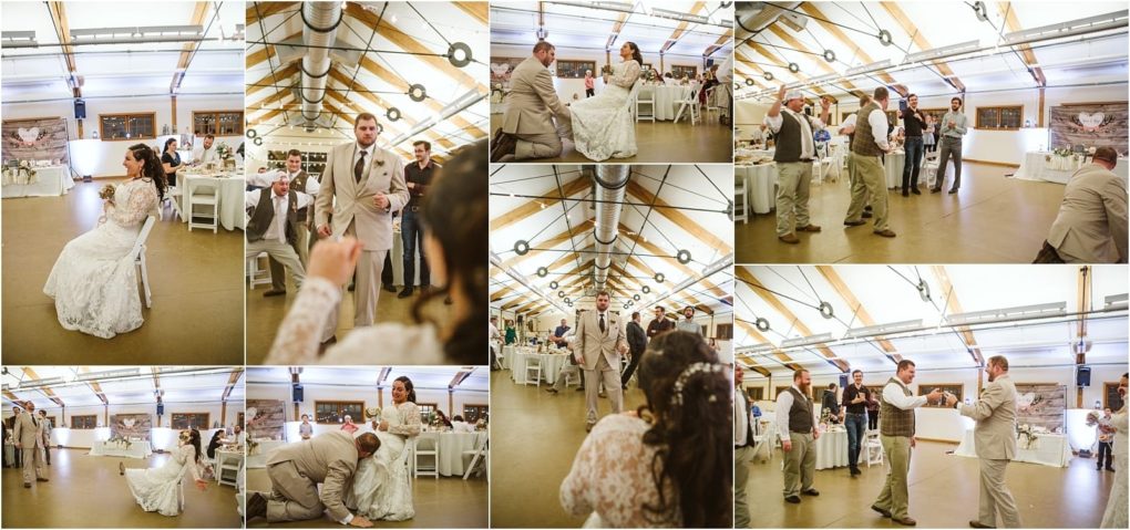 Premier snohomish & seattle wedding photographer | gsquared weddings photography a collage of snohomish wedding reception moments shows a groom removing the brides garter guests laughing and the groom tossing it to single men in a decorated venue with wooden beams | serving snohomish seattle                   & beyond