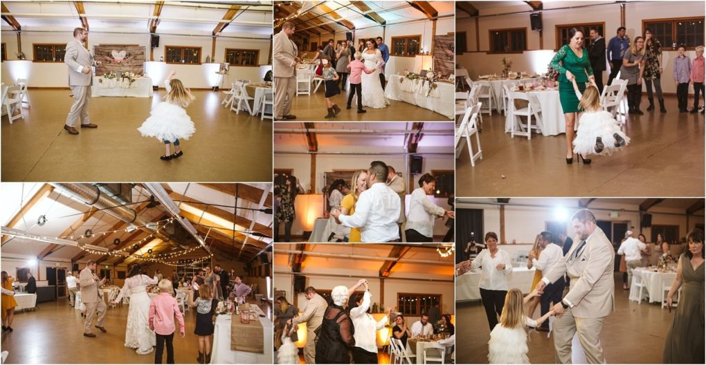 Premier snohomish & seattle wedding photographer | gsquared weddings photography a collage of snohomish wedding reception photos shows guests dancing dining and celebrating in a warmly lit hall with rustic decor A child in a fluffy white dress dances with a man in a suit as others enjoy the festivities | serving snohomish seattle                   & beyond