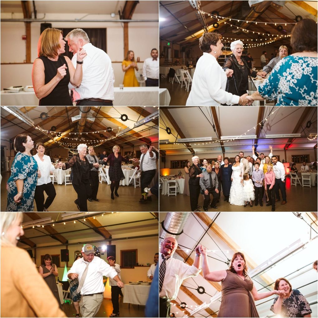 Premier snohomish & seattle wedding photographer | gsquared weddings photography a collage of six photos shows people of various ages dancing laughing and celebrating together at a festive indoor snohomish wedding with string lights and decorated tables Everyone appears joyful and energetic | serving snohomish seattle                   & beyond