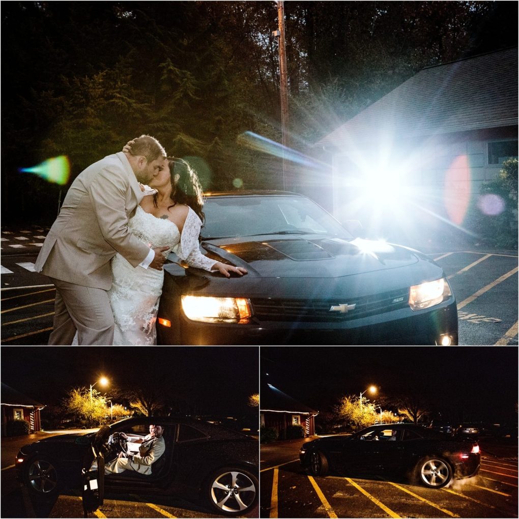 Premier snohomish & seattle wedding photographer | gsquared weddings photography a bride and groom kiss while leaning against a black chevrolet car at night illuminated by a bright flash at their snohomish seattle wedding Two smaller images below show the groom opening the car door and driving with headlights on | serving snohomish seattle                   & beyond