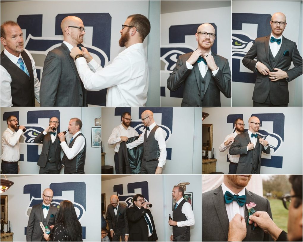 Premier snohomish & seattle wedding photographer | gsquared weddings photography a collage of eleven photos shows men preparing for a snohomish wedding adjusting suits ties and boutonnieres in front of a large sign with the number 12 and a seahawks logo | serving snohomish seattle                   & beyond