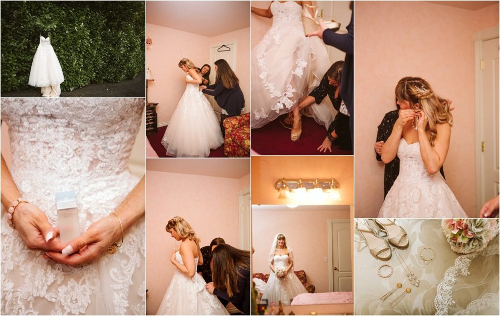 Premier snohomish & seattle wedding photographer | gsquared weddings photography a collage of snohomish wedding preparation photos shows a bride in a lace gown getting ready helpers adjusting her dress close ups of jewelry perfume shoes and the bride holding her bouquet for her seattle engagement | serving snohomish seattle                   & beyond
