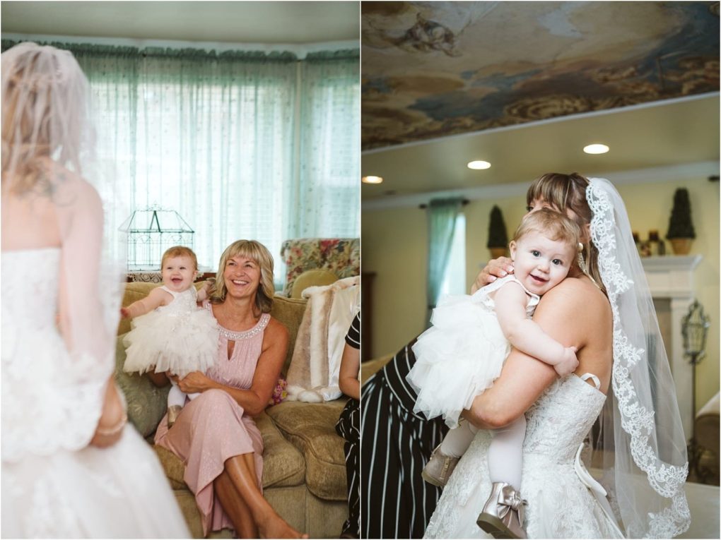 Premier snohomish & seattle wedding photographer | gsquared weddings photography a bride in a white dress and veil holds a smiling baby in white In one photo they sit with a woman on a couch in the other the baby hugs the bride facing the camera at their cozy snohomish seattle wedding | serving snohomish seattle                   & beyond