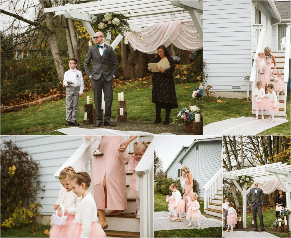 Premier snohomish & seattle wedding photographer | gsquared weddings photography a snohomish wedding ceremony collage a groom and officiant stand under an outdoor arch three flower girls in pink dresses and a woman in a pink dress walk down steps and along a path preparing for the special seattle engagement | serving snohomish seattle                   & beyond