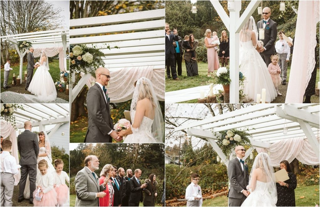 Premier snohomish & seattle wedding photographer | gsquared weddings photography a collage of snohomish outdoor wedding photos shows a bride and groom exchanging vows under a white pergola guests smiling and flower girls in pink dresses participating in the ceremony at this charming seattle area celebration | serving snohomish seattle                   & beyond