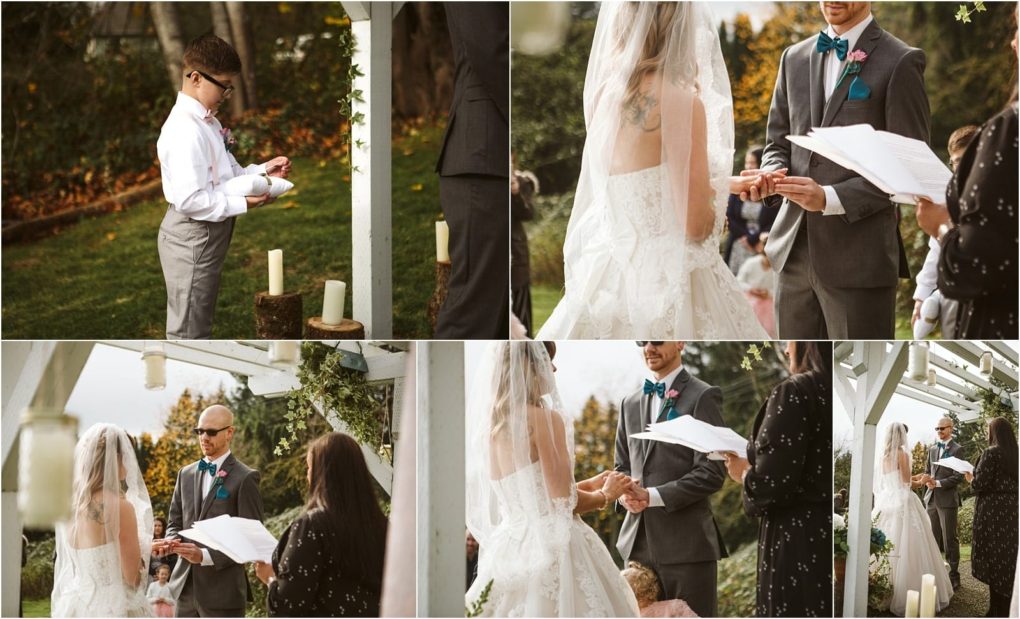 Premier snohomish & seattle wedding photographer | gsquared weddings photography a collage of outdoor wedding ceremony photos in lush greenery near snohomish shows a bride and groom exchanging rings and vows under a white pergola with a young boy holding a ring and guests watching this beautiful seattle engagement celebration | serving snohomish seattle                   & beyond