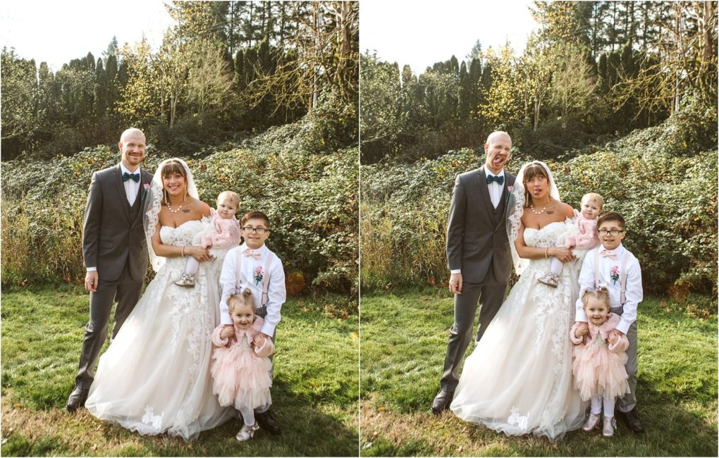 Premier snohomish & seattle wedding photographer | gsquared weddings photography a bride and groom stand outdoors with three childrentwo girls in pink dresses and a boy in a white shirtposing for playful wedding photos in a sunlit green garden at their snohomish seattle wedding engagement | serving snohomish seattle                   & beyond