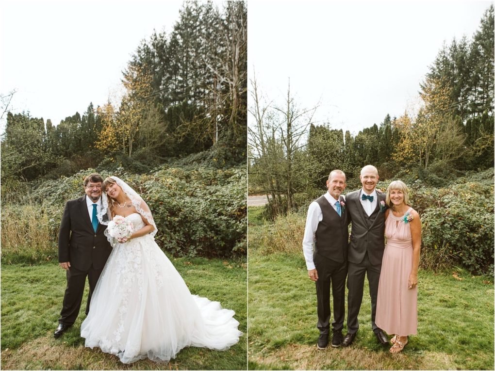 Premier snohomish & seattle wedding photographer | gsquared weddings photography two photos side by side on the left a bride in a lace wedding gown hugs a man in a suit outdoors at a snohomish seattle wedding on the right two men and a woman in a pink dress smile together in a grassy tree lined area | serving snohomish seattle                   & beyond