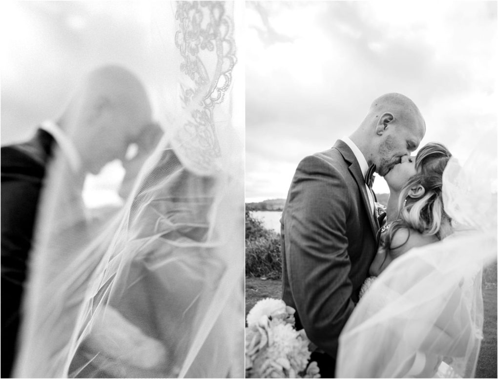 Premier snohomish & seattle wedding photographer | gsquared weddings photography two black and white photos of a snohomish seattle wedding on the left the groom rests his forehead on the brides head behind a lace veil on the right they embrace closely touching foreheads and smiling outdoors | serving snohomish seattle                   & beyond
