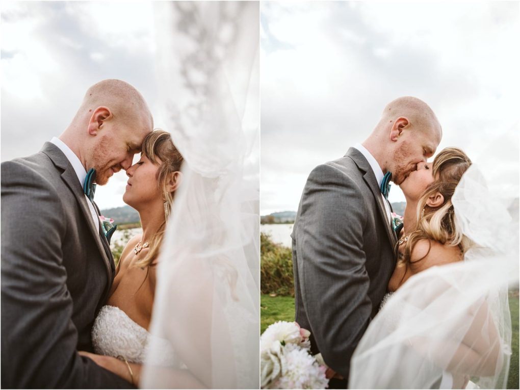 Premier snohomish & seattle wedding photographer | gsquared weddings photography a bride and groom stand outdoors under a cloudy sky wrapped in a veil In this snohomish seattle wedding they touch foreheads lovingly in one image and share a romantic kiss in the other both dressed in elegant wedding attire | serving snohomish seattle                   & beyond