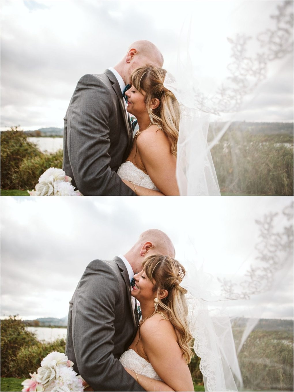 Premier snohomish & seattle wedding photographer | gsquared weddings photography a bride and groom embrace outdoors during their snohomish wedding smiling and holding each other closely The brides veil flows in the wind with lush greenery and a cloudy seattle sky in the background | serving snohomish seattle                   & beyond