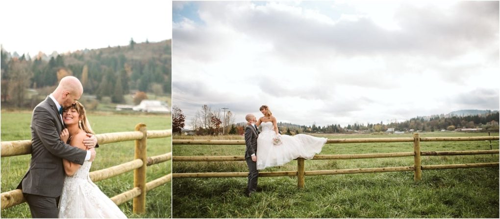 Premier snohomish & seattle wedding photographer | gsquared weddings photography a bride and groom pose outdoors by a wooden fence in a grassy snohomish field The groom wears a gray suit the bride is in a white gown One image shows them embracing the other has the bride sitting on the fence smiling at her seattle wedding partner | serving snohomish seattle                   & beyond